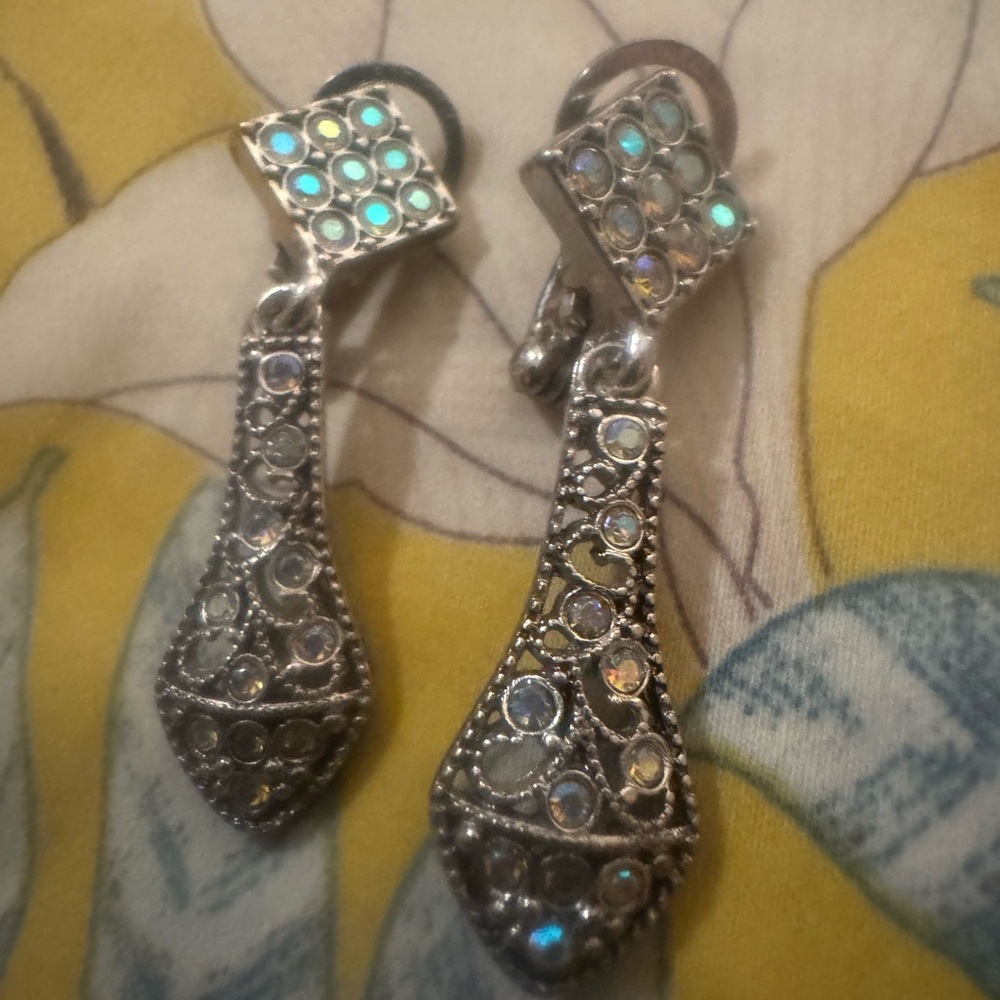 Silver-Tone Drop Earrings with Aurora Rhinestones - Stamped with a Maker’s Mark